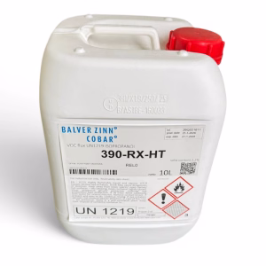 Balver Zinn Cobar 390-RX-HT liquid wave solder flux in a white 10L container with a red cap.