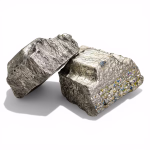 Nickel Phosphorus Master alloy NiP20 broken waffle ingot pieces on white background.