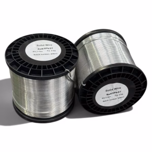 Two 4kg reels of E-Qual Sn63Pb37 leaded solid solder wire, 2mm diameter, on DIN K125 plastic spools for automated selective soldering.