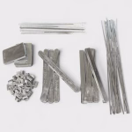 An assortment of cast tin/lead solder formats from DKL Metals, including standard solder bars, plate ingots, blowpipe & tinman sticks, and chopped solder pellets.
