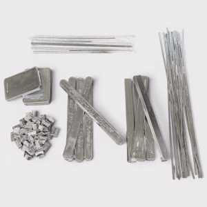 An assortment of cast tin/lead solder formats from DKL Metals, including standard solder bars, plate ingots, blowpipe & tinman sticks, and chopped solder pellets.
