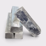 3 bars of high grade indium from DKL Metals stacked up with another bar propped up against them against a white background