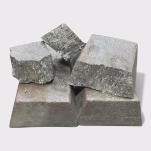 High grade 20kg antimony ingots with broken chunks sitting on top against a white background
